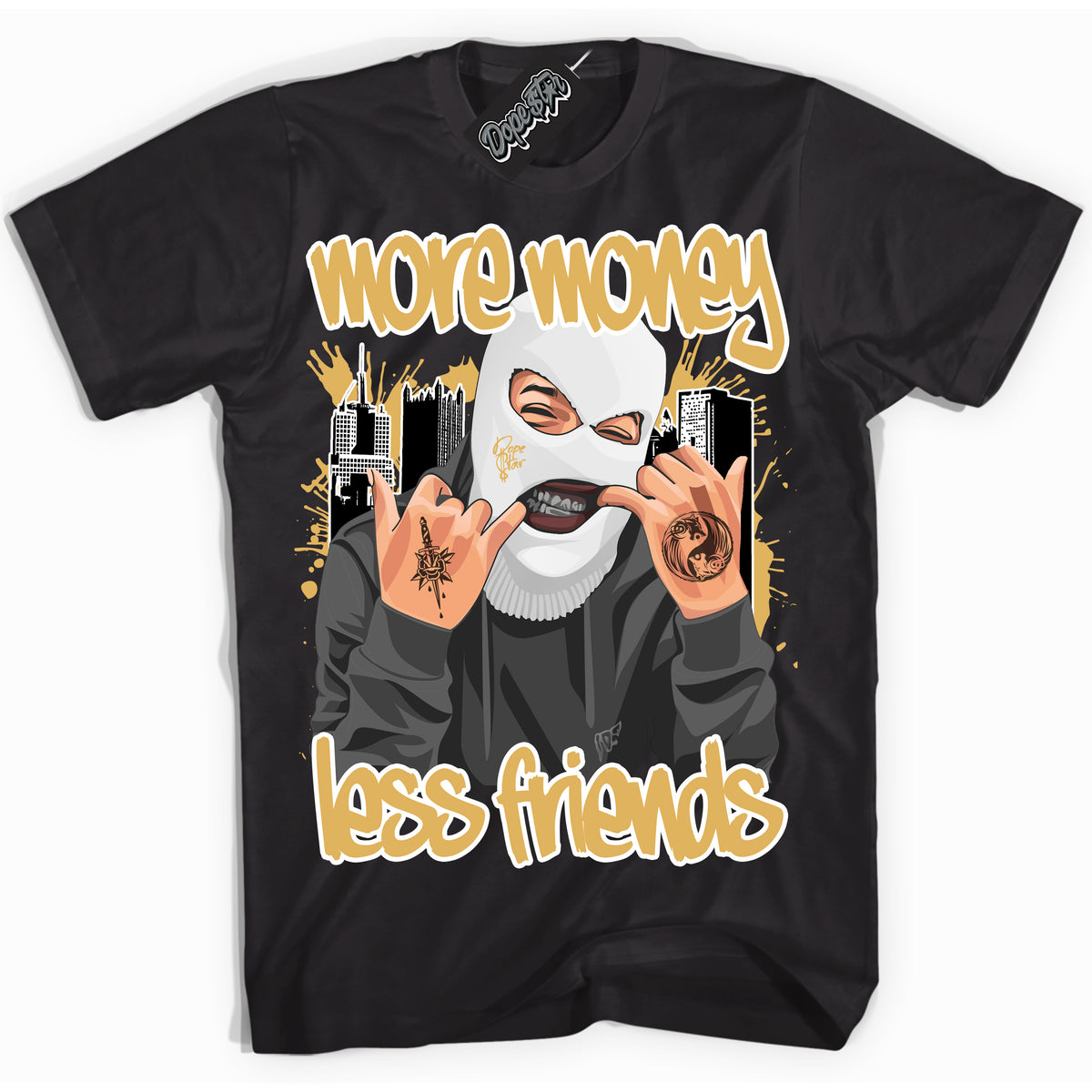Cool Black Shirt with “ More Money Less Friends ” design that perfectly matches Gold Swoosh 1s Sneakers.
