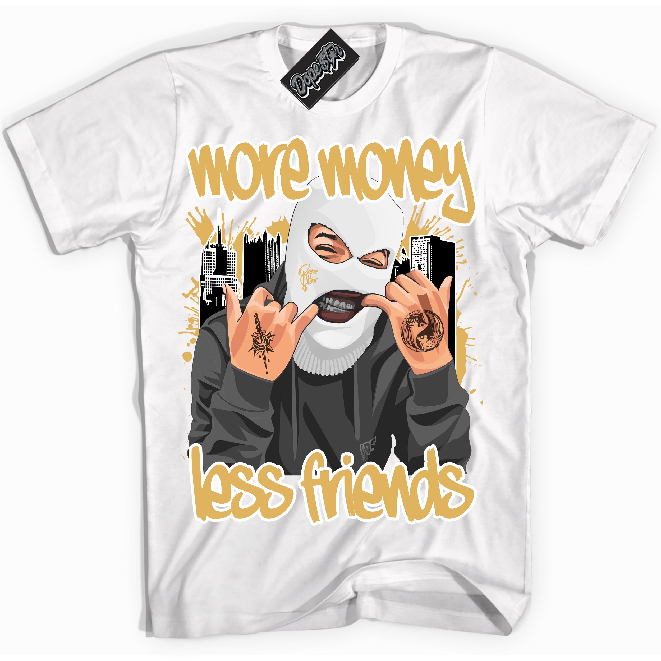 Cool White Shirt with “ More Money Less Friends ” design that perfectly matches Gold Swoosh 1s Sneakers.
