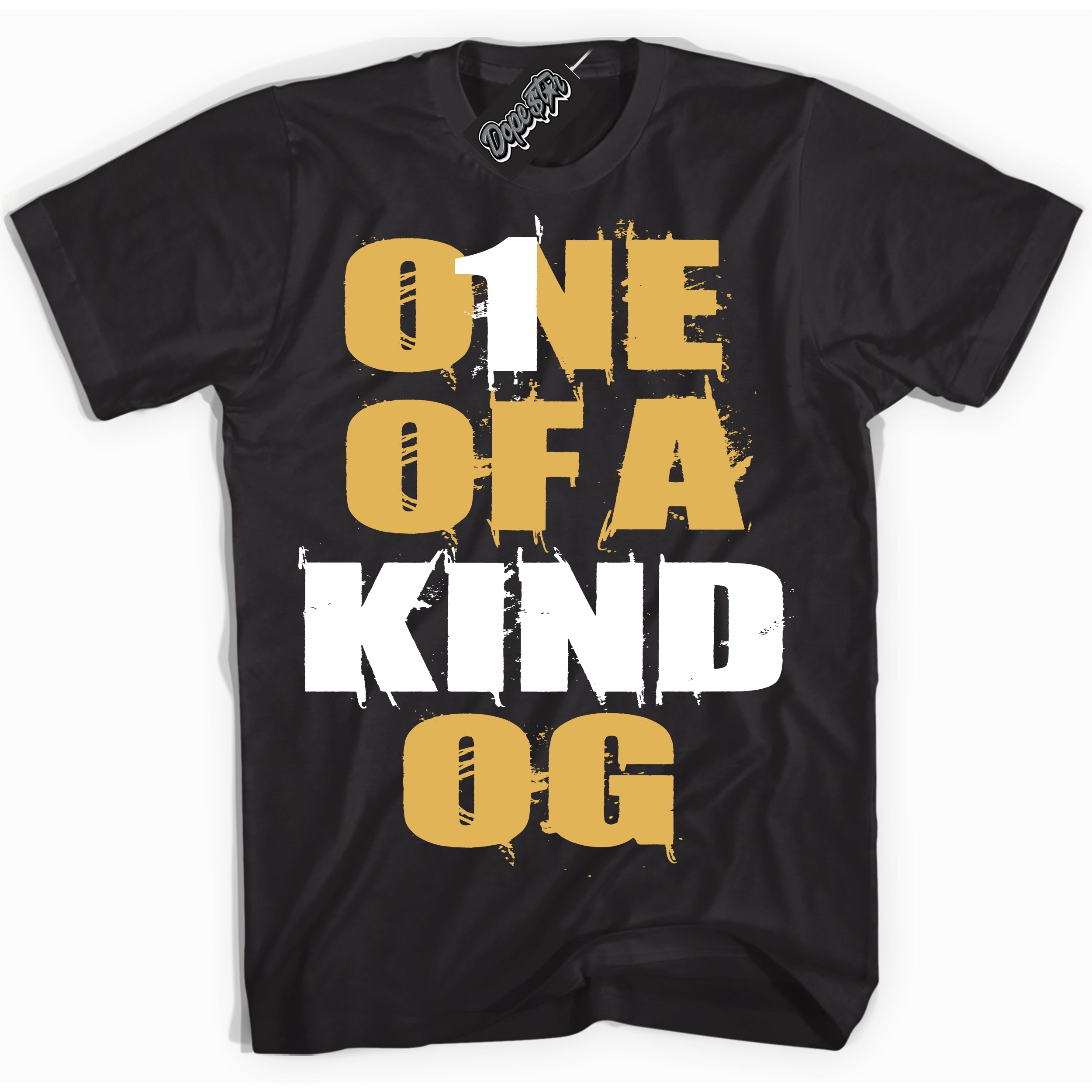 Cool Black Shirt with “ One Of A Kind ” design that perfectly matches Gold Swoosh 1s Sneakers.
