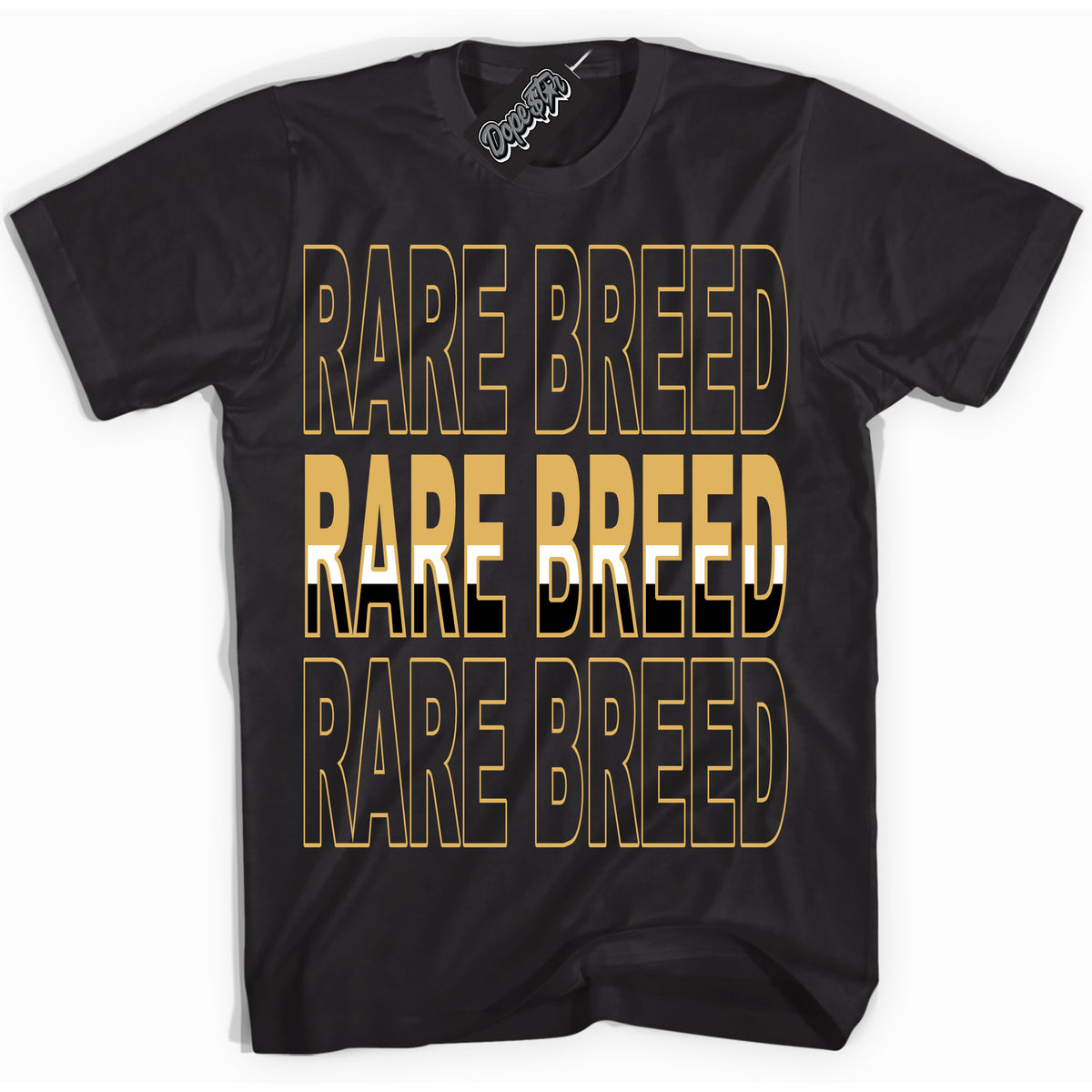 Cool Black Shirt with “ Rare Breed ” design that perfectly matches Gold Swoosh 1s Sneakers.

