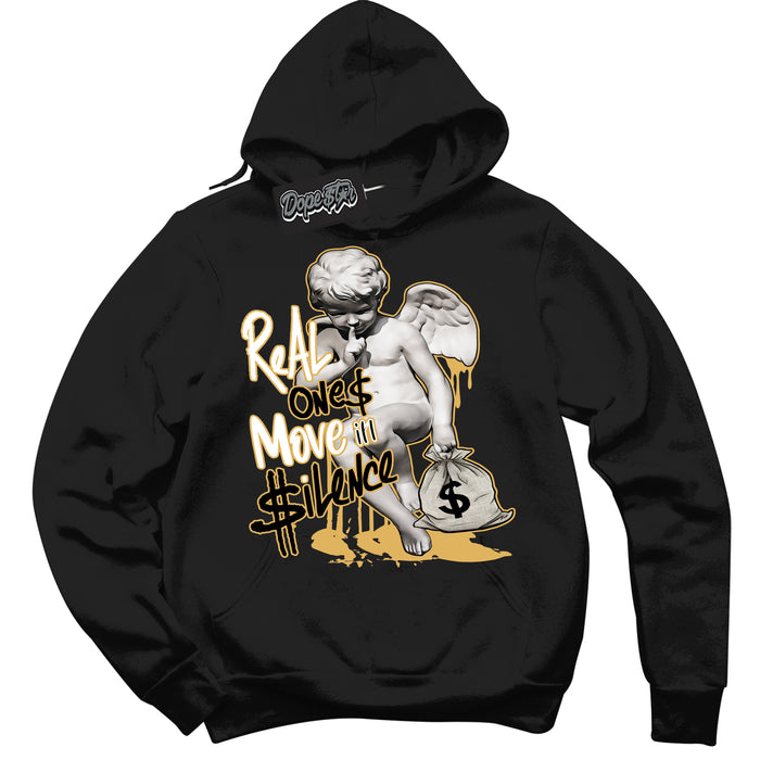 Cool Black Hoodie with “ Real Ones Cherub ”  design that Perfectly Matches Gold Swoosh 1s Sneakers.

