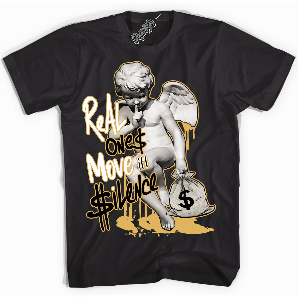 Cool Black Shirt with “ Real Ones Cherub ” design that perfectly matches Gold Swoosh 1s Sneakers.
