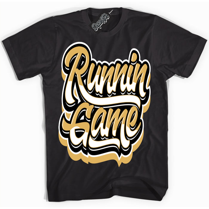 Cool Black Shirt with “ Running Game ” design that perfectly matches Gold Swoosh 1s Sneakers.
