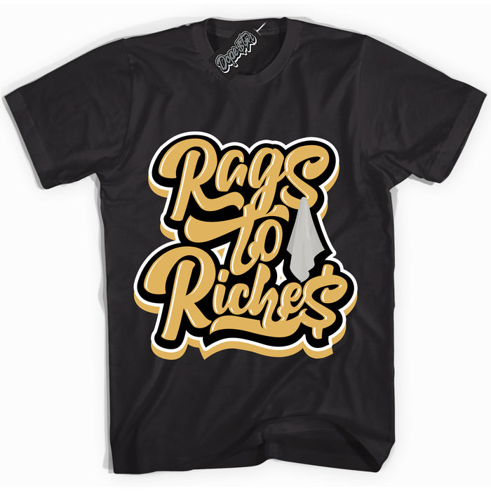 Cool Black Shirt with “ Rags To Riches ” design that perfectly matches Gold Swoosh 1s Sneakers.
