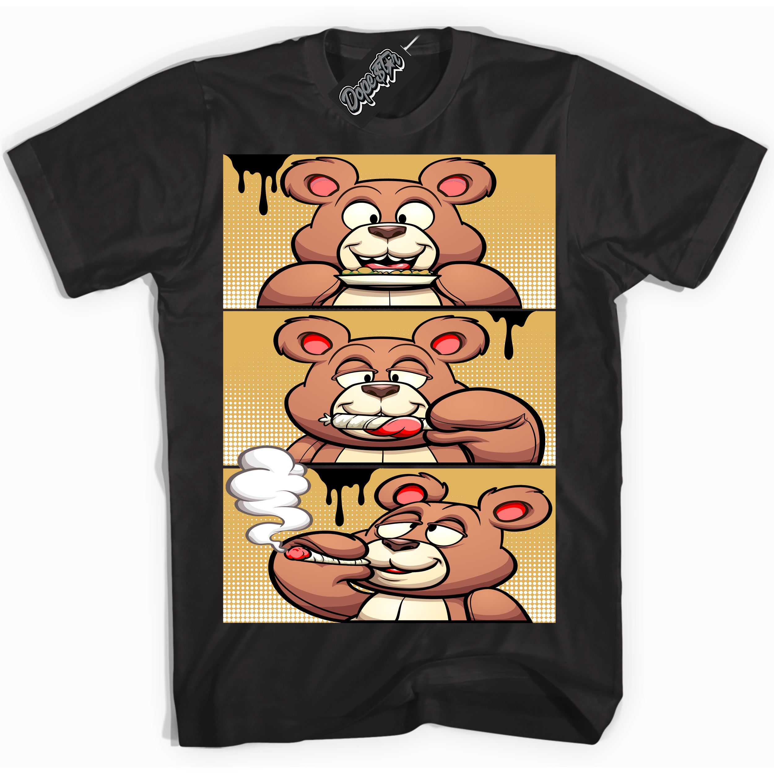 Cool Black Shirt with “ Roll It Lick It Smoke It Bear ” design that perfectly matches Gold Swoosh 1s Sneakers.
