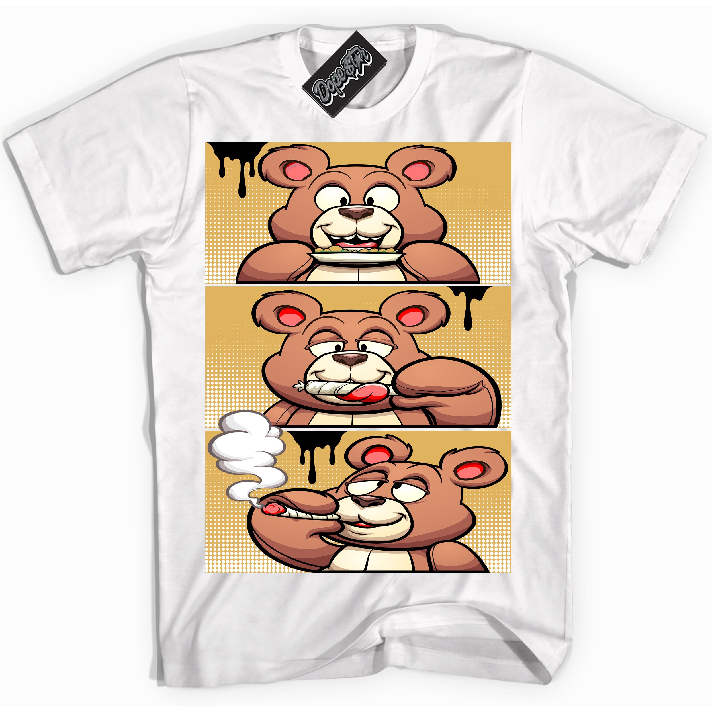 Cool White Shirt with “ Roll It Lick It Smoke It Bear ” design that perfectly matches Gold Swoosh 1s Sneakers.
