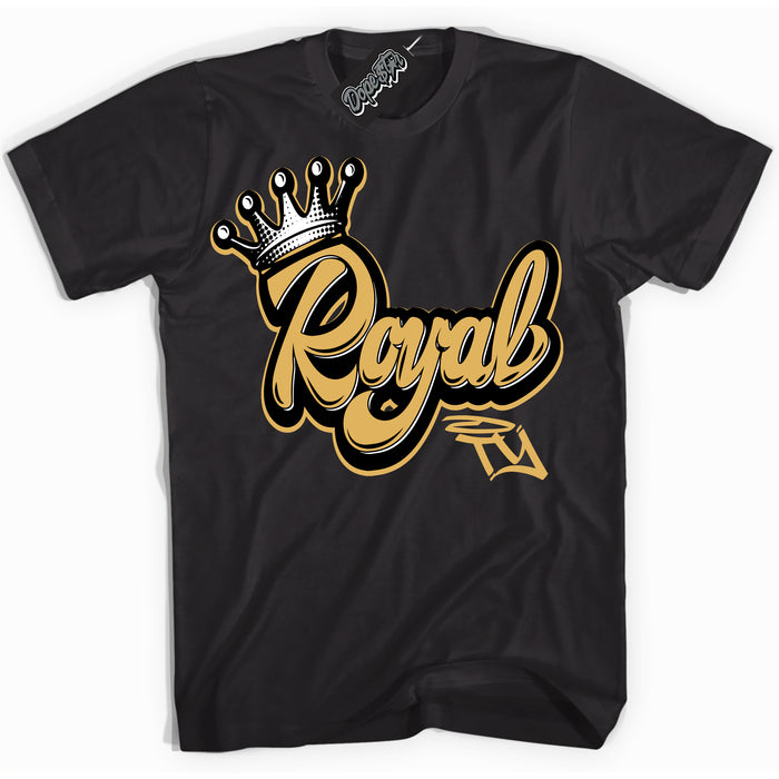 Cool Black Shirt with “ Royalty ” design that perfectly matches Gold Swoosh 1s Sneakers.
