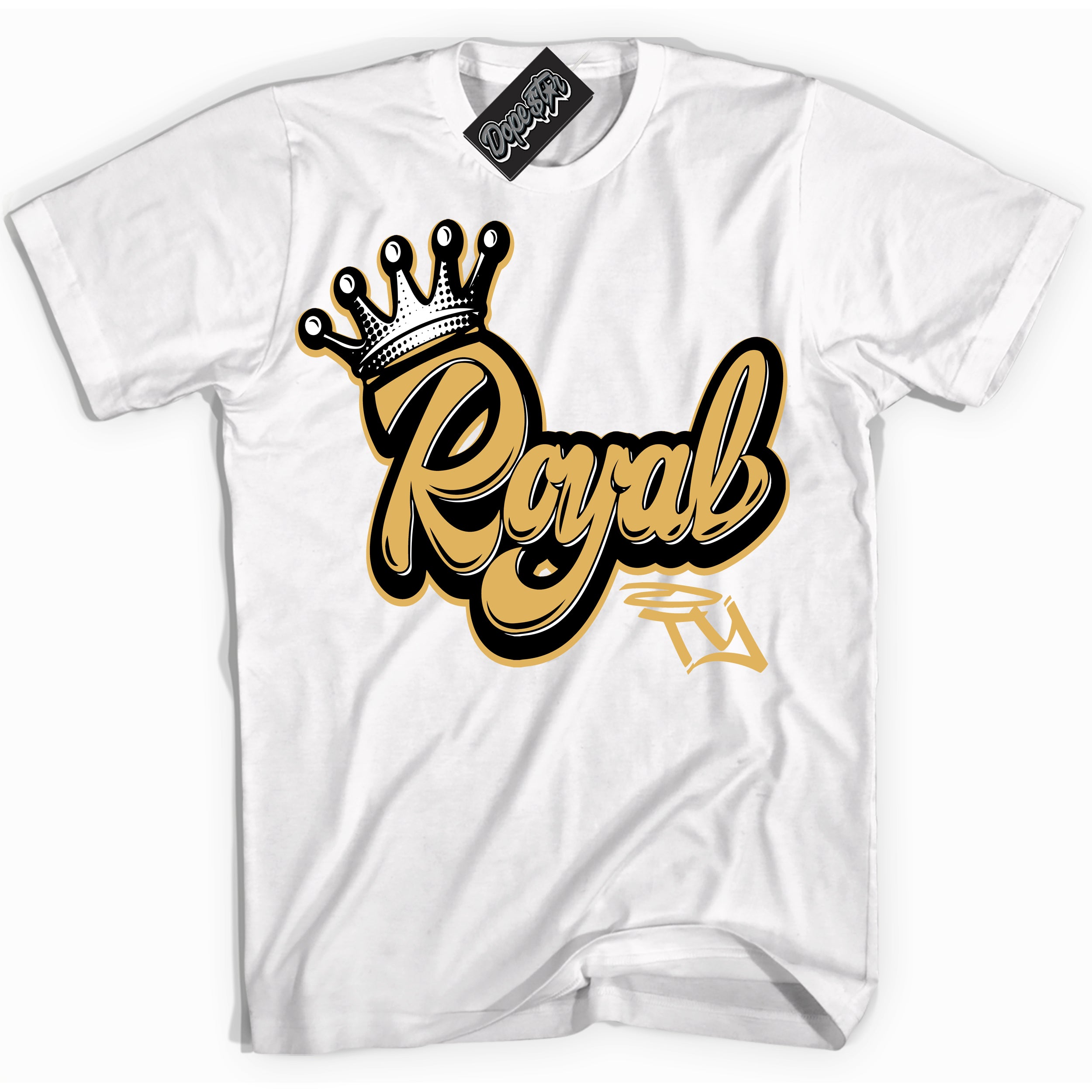 Cool White Shirt with “ Royalty ” design that perfectly matches Gold Swoosh 1s Sneakers.
