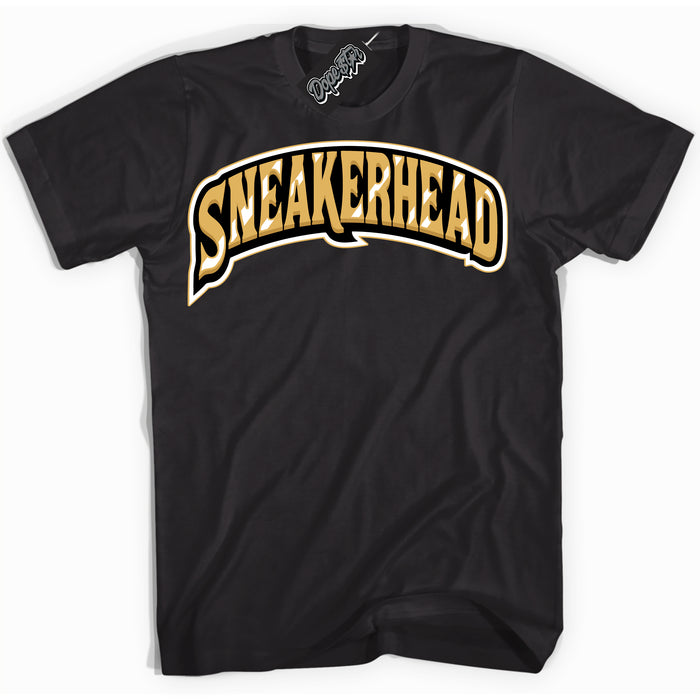 Cool Black Shirt with “ Sneakerhead ” design that perfectly matches Gold Swoosh 1s Sneakers.

