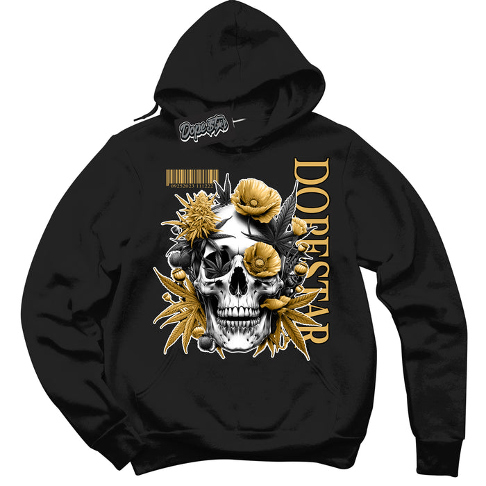 Cool Black Hoodie with “ Skull Poppies ”  design that Perfectly Matches Gold Swoosh 1s Sneakers.
