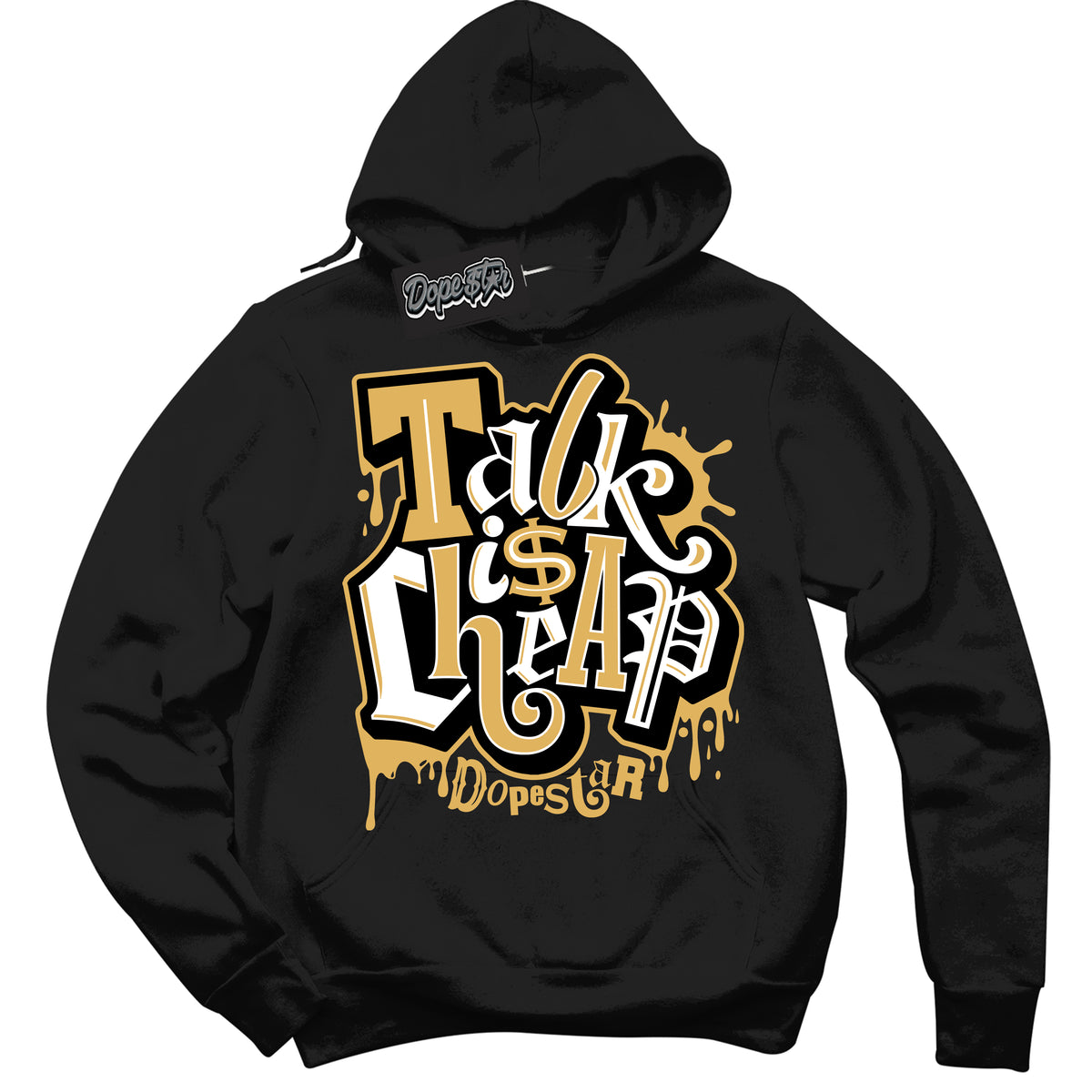 Cool Black Hoodie with “ Talk Is Cheap ”  design that Perfectly Matches Gold Swoosh 1s Sneakers.
