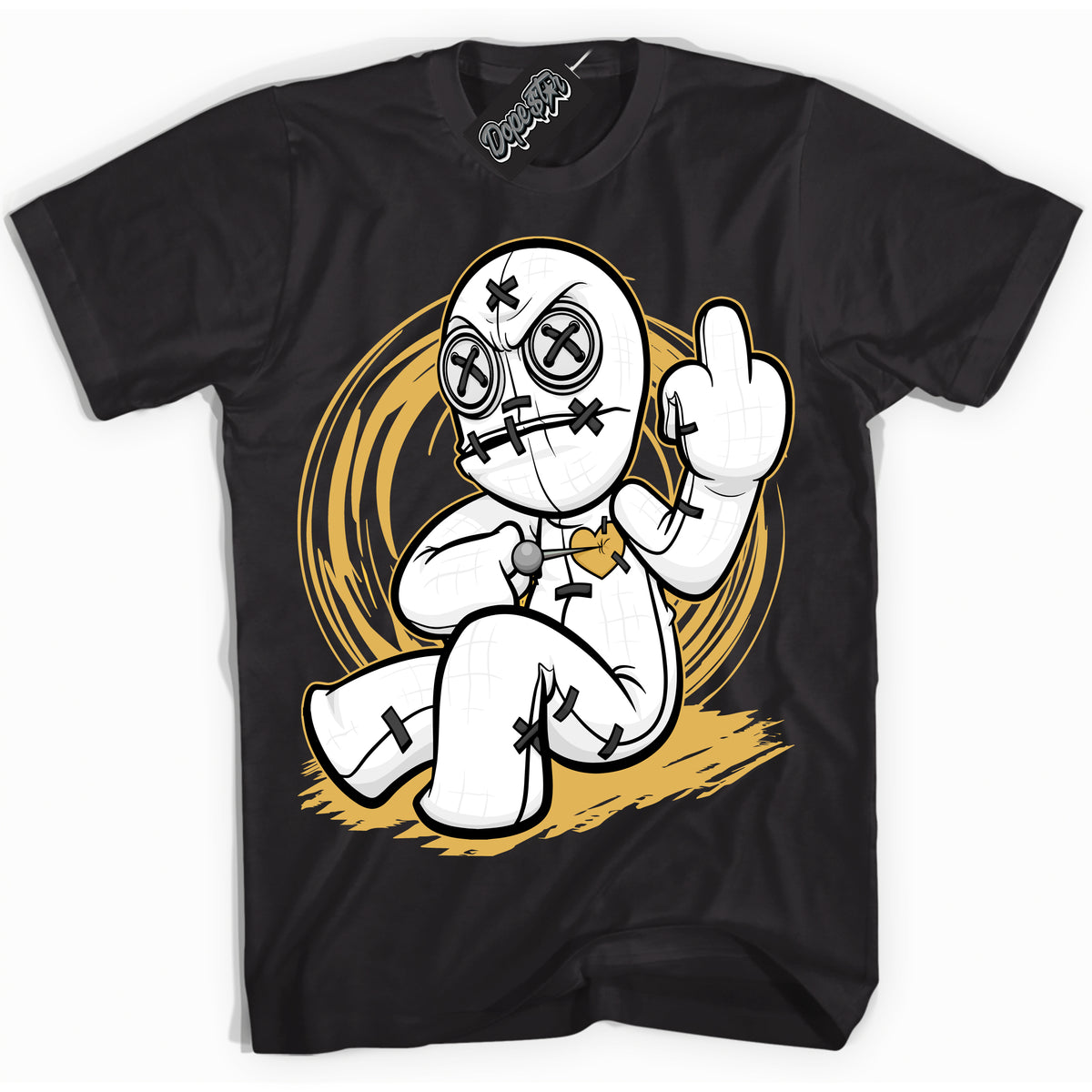 Cool Black Shirt with “ Voodoo Doll ” design that perfectly matches Gold Swoosh 1s Sneakers.
