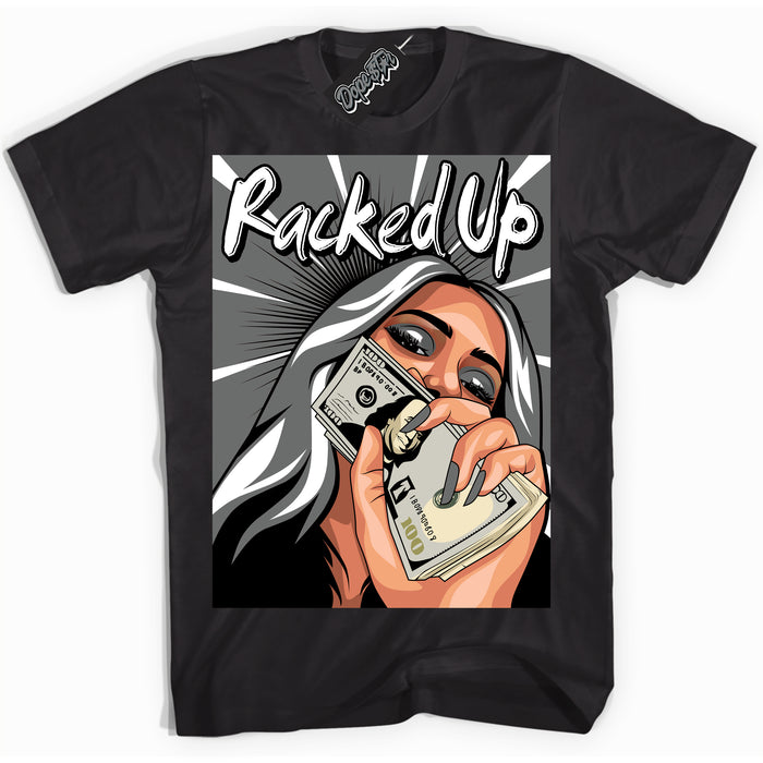 AJ1 Low Iron Grey 'Racked Up' Shirt - Black Streetwear Mockup | Sneakerhead T-shirt Matching Iron Grey AJ1 Lows | Limited Edition Jordan 1 Iron Grey Shirt for Men & Women | Drip with Your Iron Grey 1s Kicks | Sneaker head Fashion Must-Have.