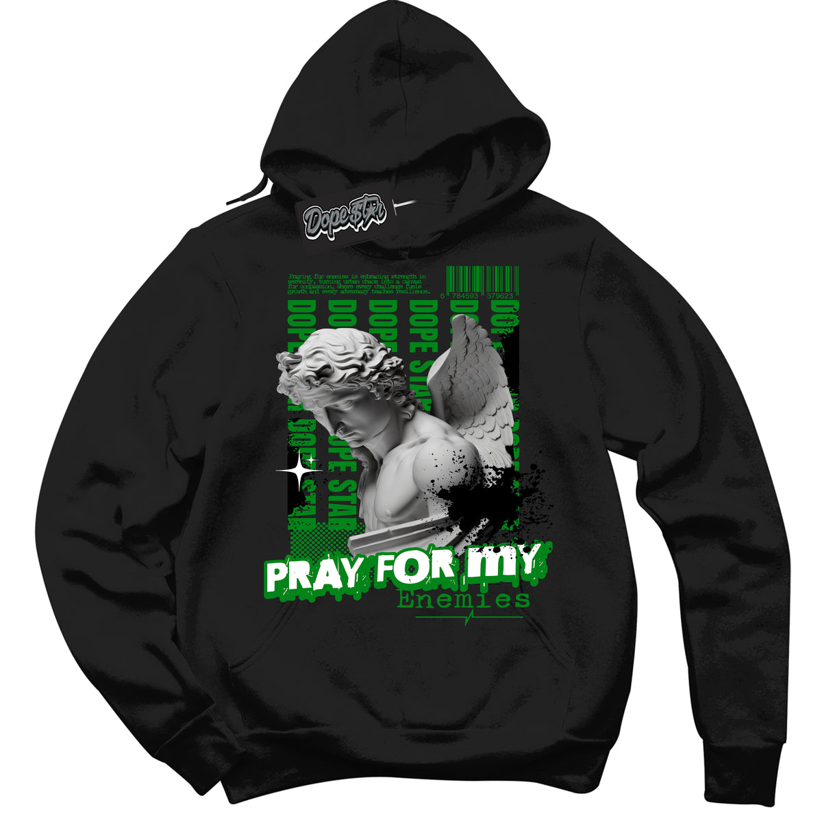Cool Black Hoodie with “ Pray Enemies ”  design that Perfectly Matches Lucky Green 1s Sneakers.