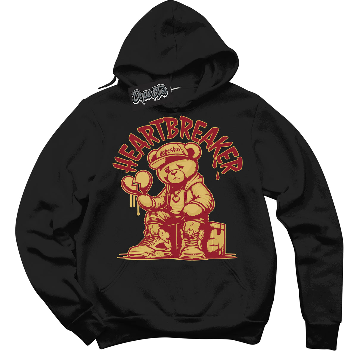 Cool Black Hoodie with “ Heartbreaker Bear ”  design that Perfectly Matches Method of Make Gym Red Metallic Gold 1s Jordans.
