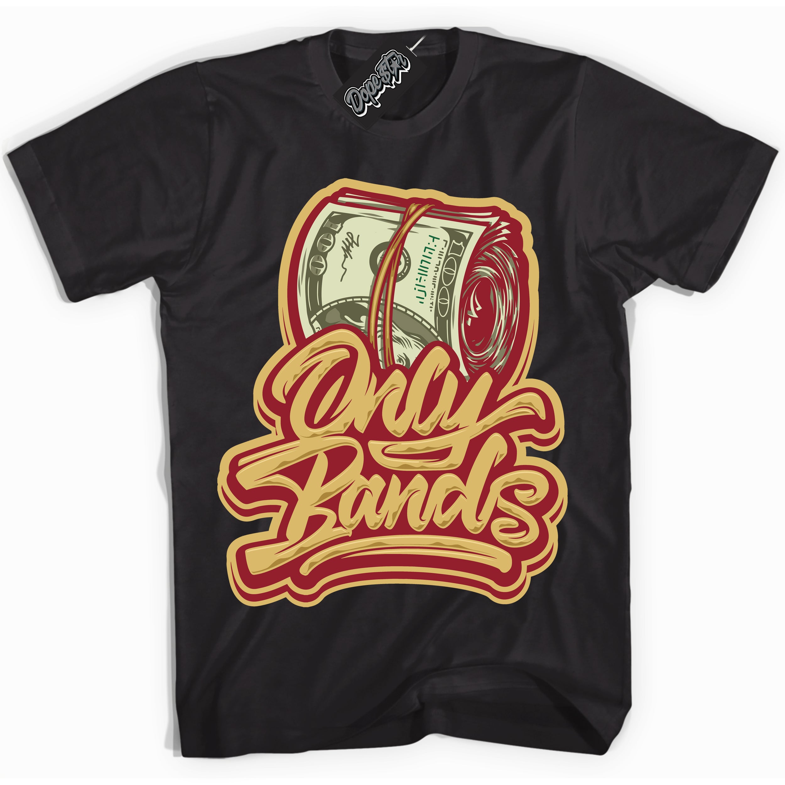 Cool Black Shirt with “ Only Bands ” design that perfectly matches Method of Make Gym Red Metallic Gold 1s Jordans.
