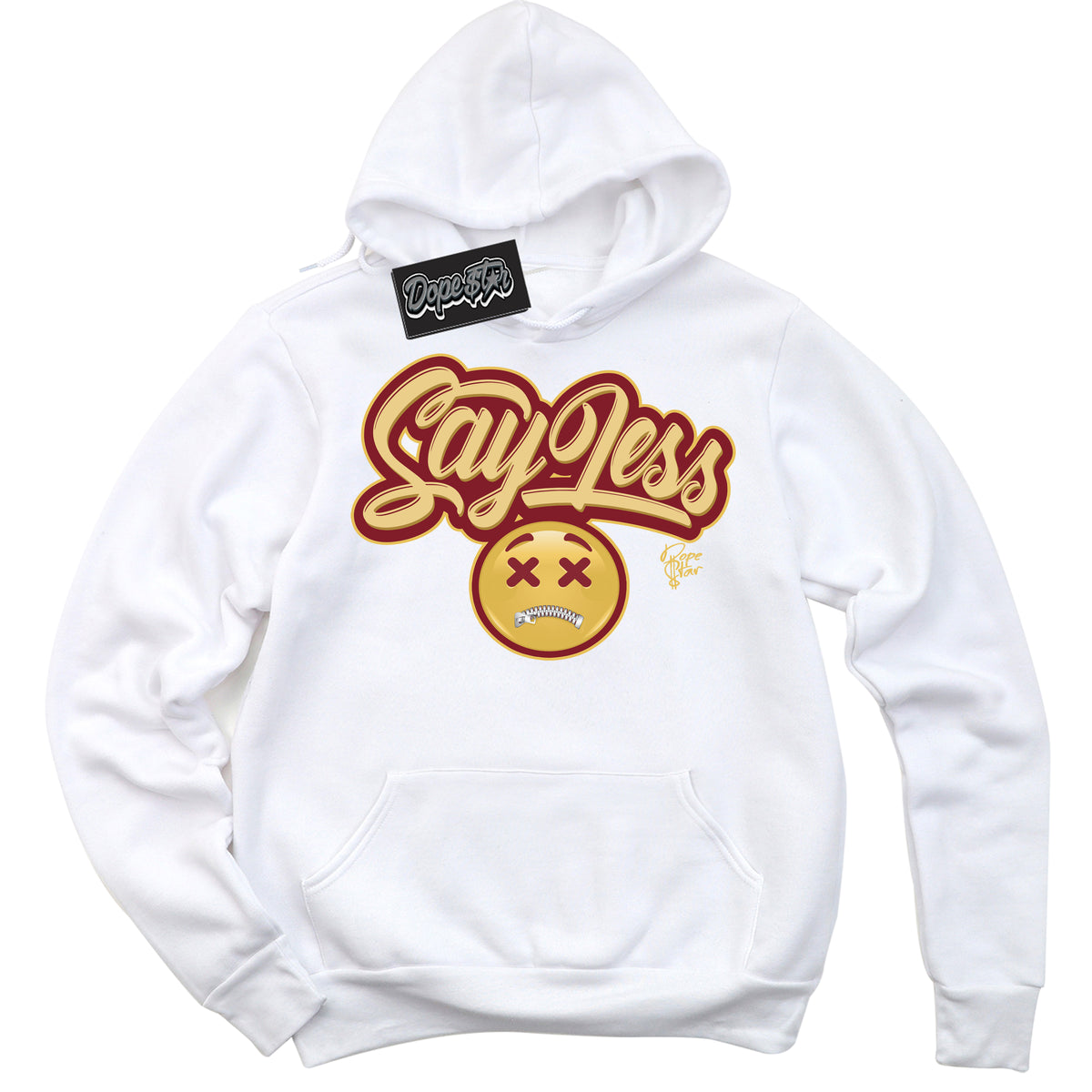 Cool White Hoodie with “ Say Less ”  design that Perfectly Matches Method of Make Gym Red Metallic Gold 1s Jordans.
