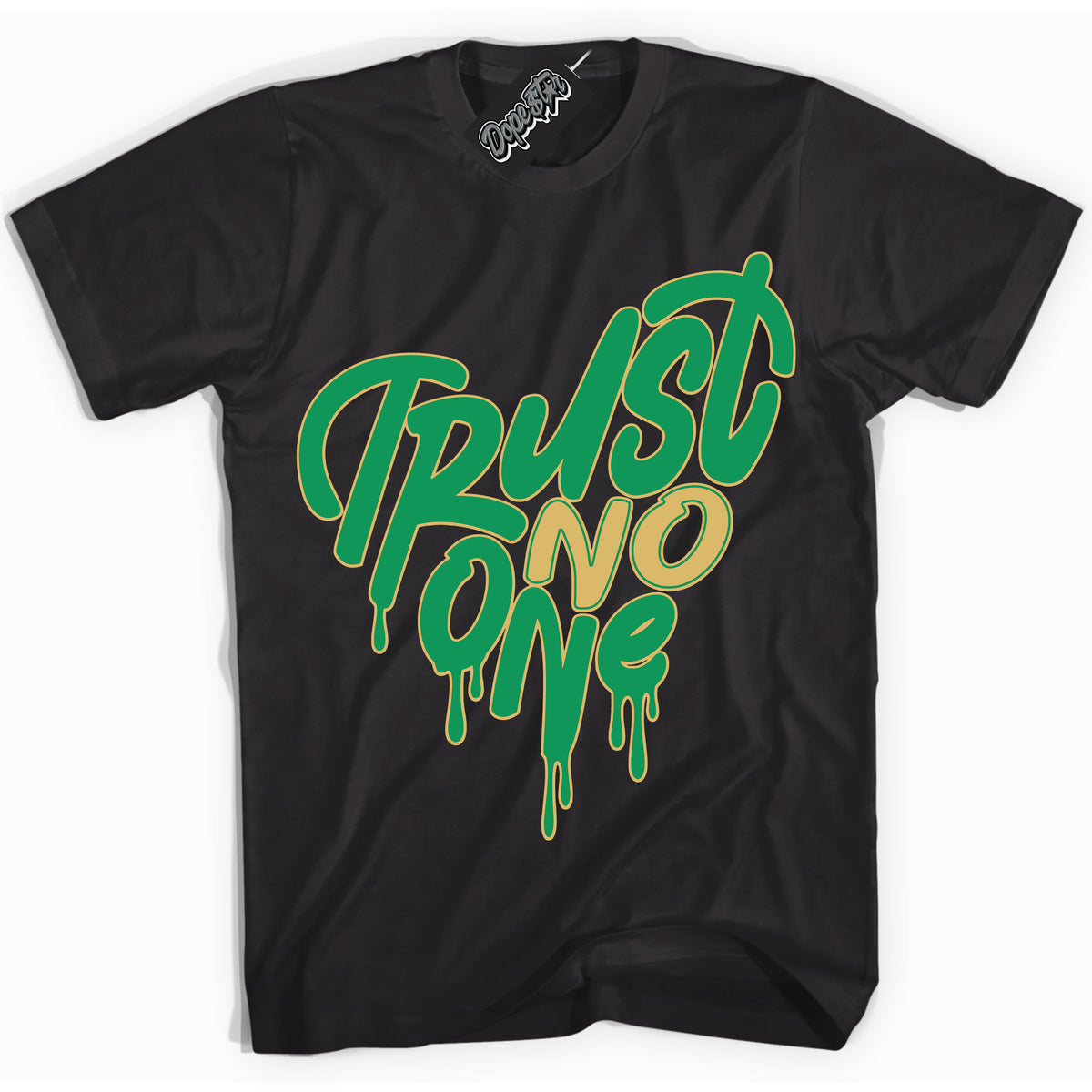 Cool Black Shirt with “Trust No One Heart” design that perfectly matches the Method of Make Lucky Green 1s Jordans.