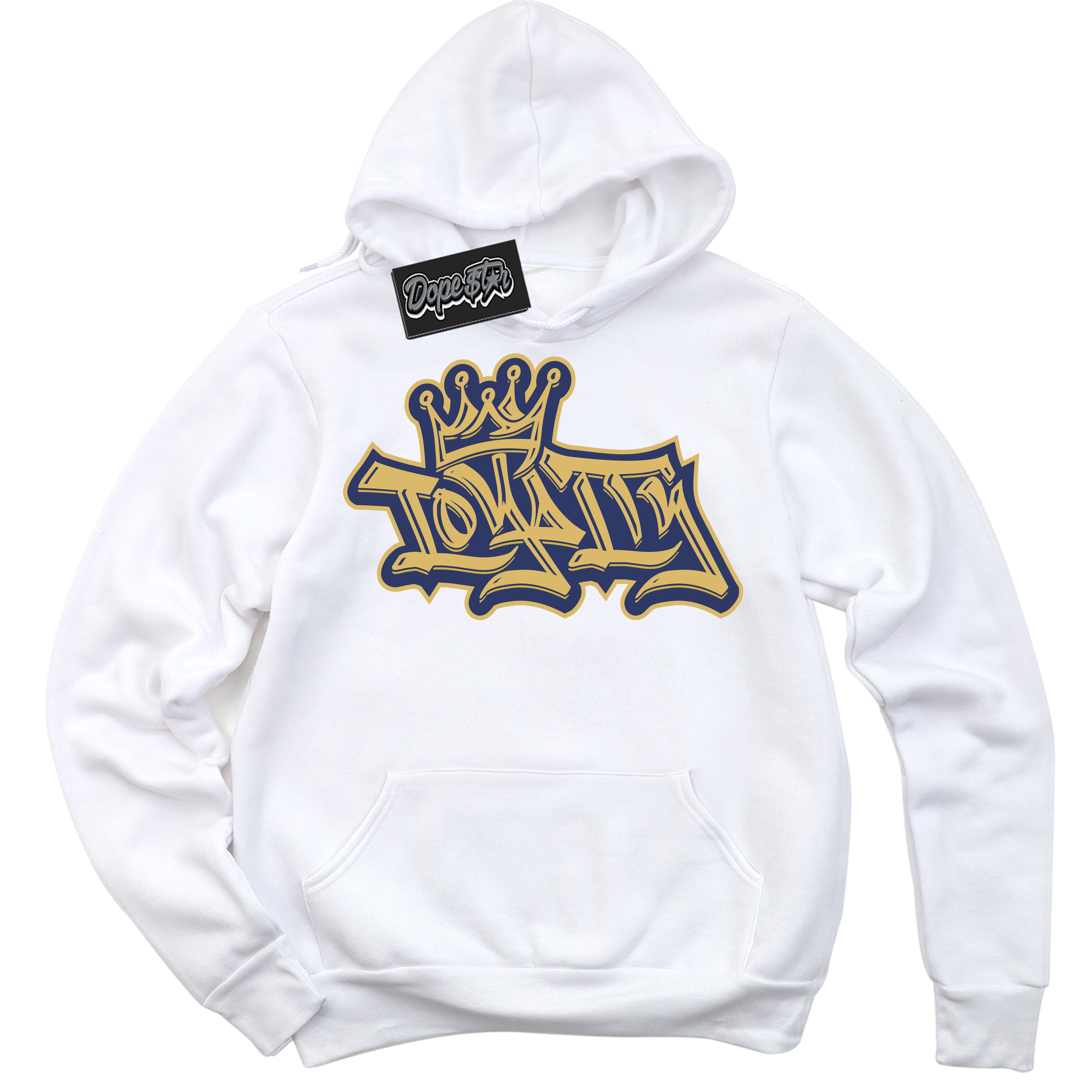 AJ1 Low Method of Make Midnight Navy Metallic Gold ‘Loyalty Crown – White Streetwear Hoodie | Sneaker Matching sweatshirt for AJ1 Low Method of Make Midnight Navy Metallic Gold | Graphic Hoodie for Men & Women Streetwear by Sneaker Shirts Outlet.