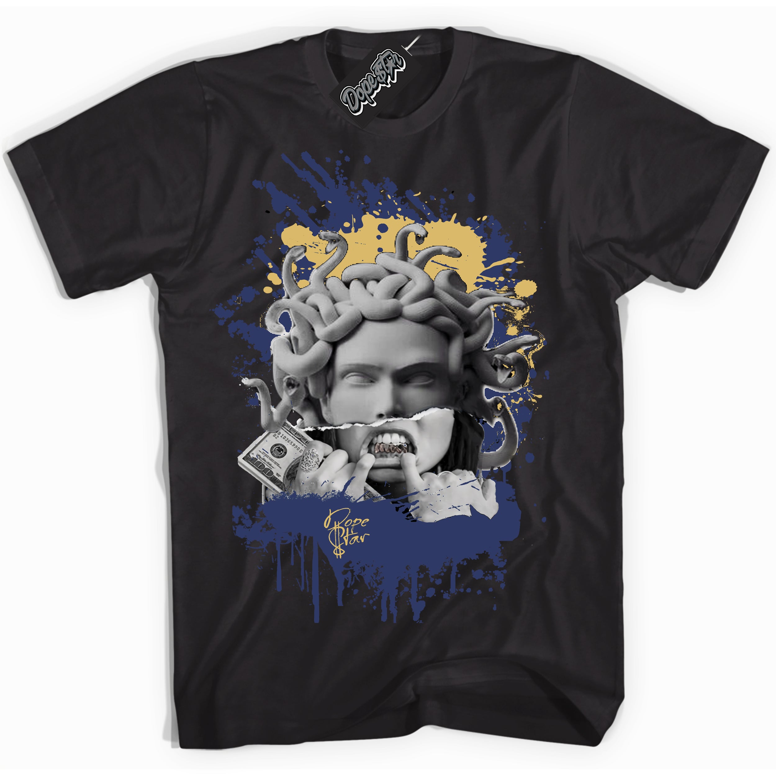 AJ1 Low Method of Make Midnight Navy Metallic Gold ‘Medusa – Black Streetwear T-Shirt | Sneaker Matching shirt for AJ1 Low Method of Make Midnight Navy Metallic Gold | Graphic Tee for Men & Women Streetwear by Sneaker Shirts Outlet.