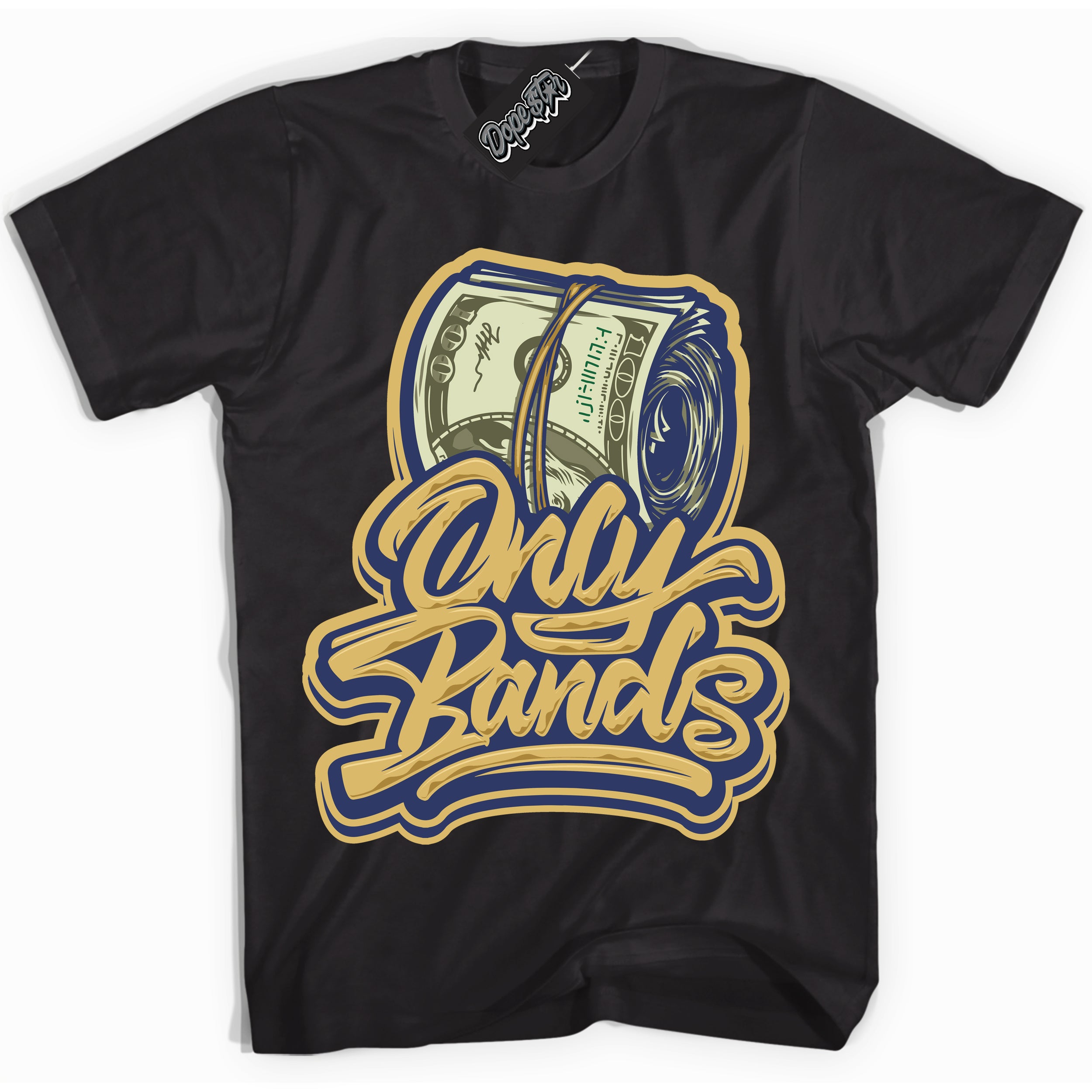 AJ1 Low Method of Make Midnight Navy Metallic Gold ‘Only Bands – Black Streetwear T-Shirt | Sneaker Matching shirt for AJ1 Low Method of Make Midnight Navy Metallic Gold | Graphic Tee for Men & Women Streetwear by Sneaker Shirts Outlet.