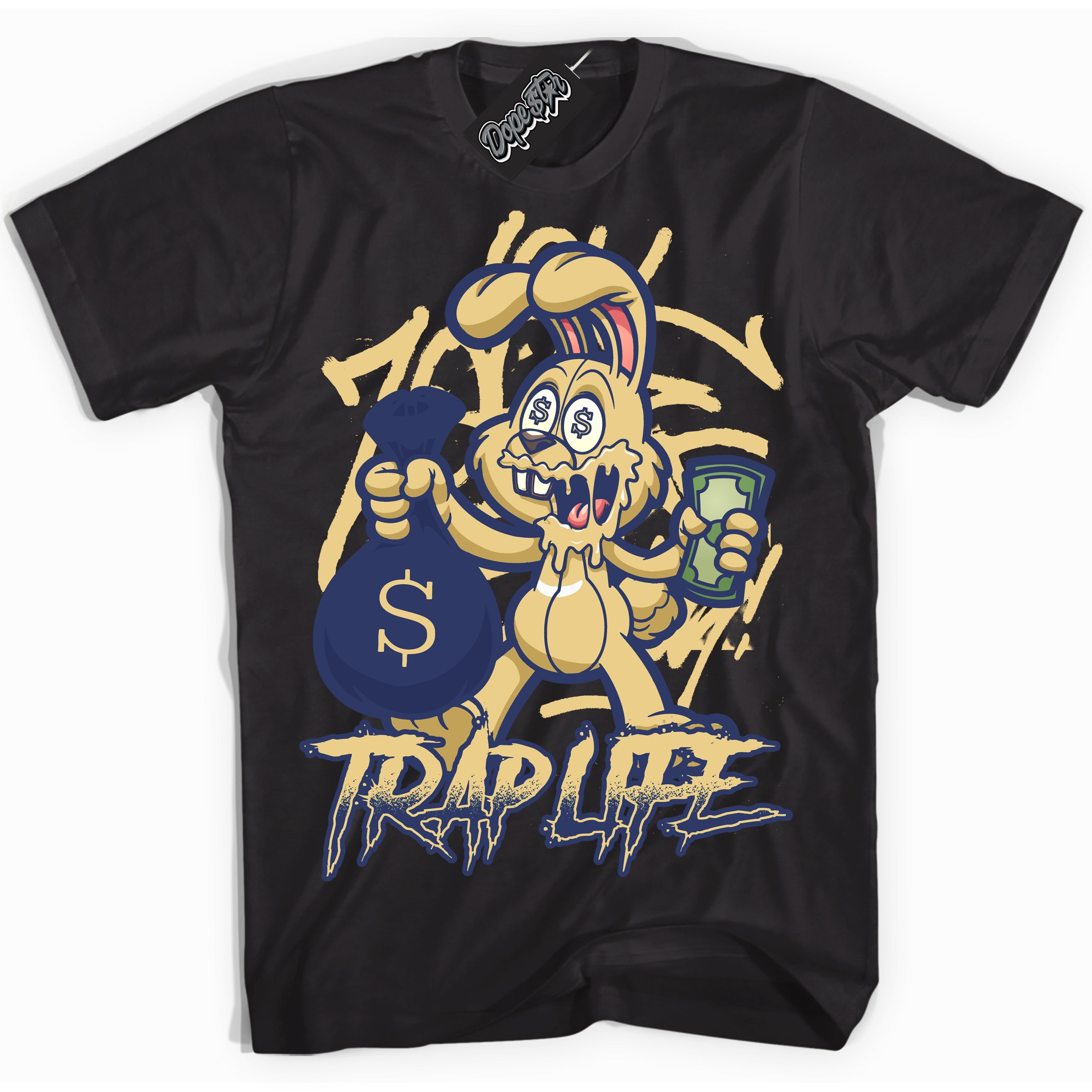 AJ1 Low Method of Make Midnight Navy Metallic Gold ‘Trap Rabbit – Black Streetwear T-Shirt | Sneaker Matching shirt for AJ1 Low Method of Make Midnight Navy Metallic Gold | Graphic Tee for Men & Women Streetwear by Sneaker Shirts Outlet.