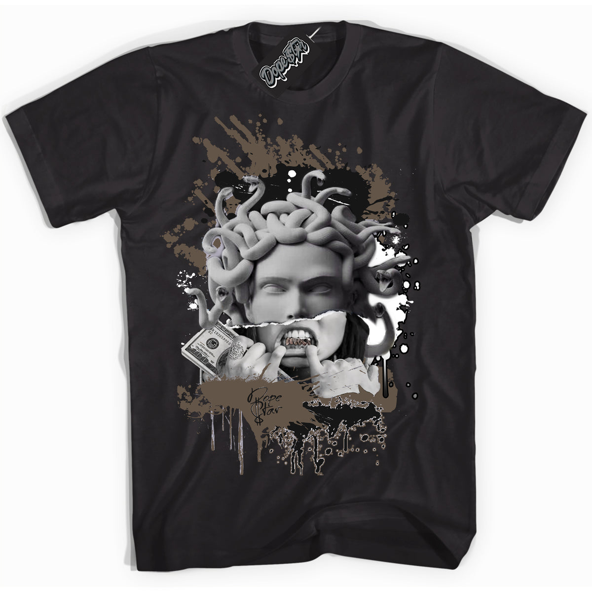 Cool Black Shirt with “Medusa” design that perfectly matches the Mocha Palomino 1s Jordans.