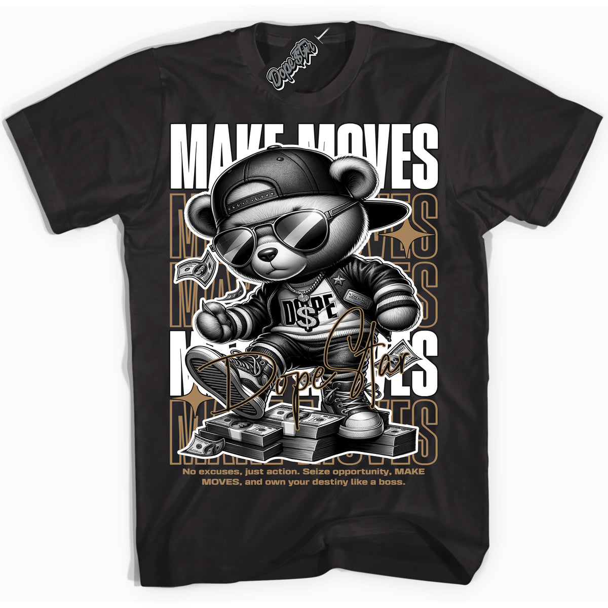 Cool Black Shirt with “Make Moves” design that perfectly matches the Mocha Palomino 1s Jordans.