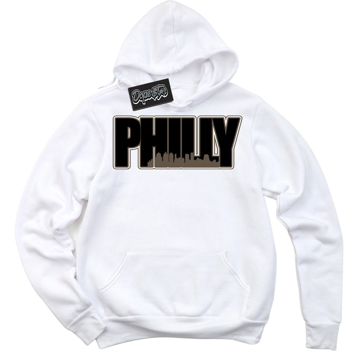 Cool White Hoodie with “Philly” design that Perfectly Matches Mocha Palomino 1s Jordans.