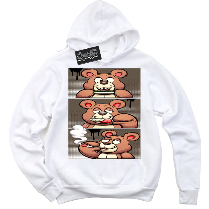 Cool White Hoodie with “Roll It Lick It Smoke It Bear” design that Perfectly Matches Mocha Palomino 1s Jordans.