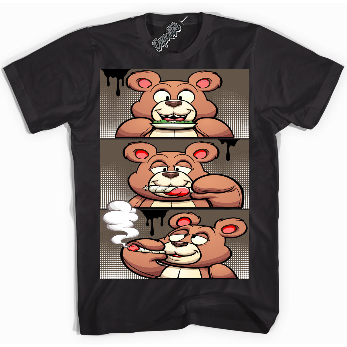 Cool Black Shirt with “Roll It Lick It Smoke It Bear” design that perfectly matches the Mocha Palomino 1s Jordans.