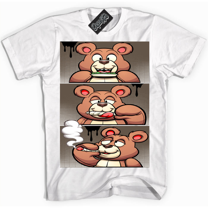 Cool White Shirt with “Roll It Lick It Smoke It Bear” design that perfectly matches the Mocha Palomino 1s Jordans.