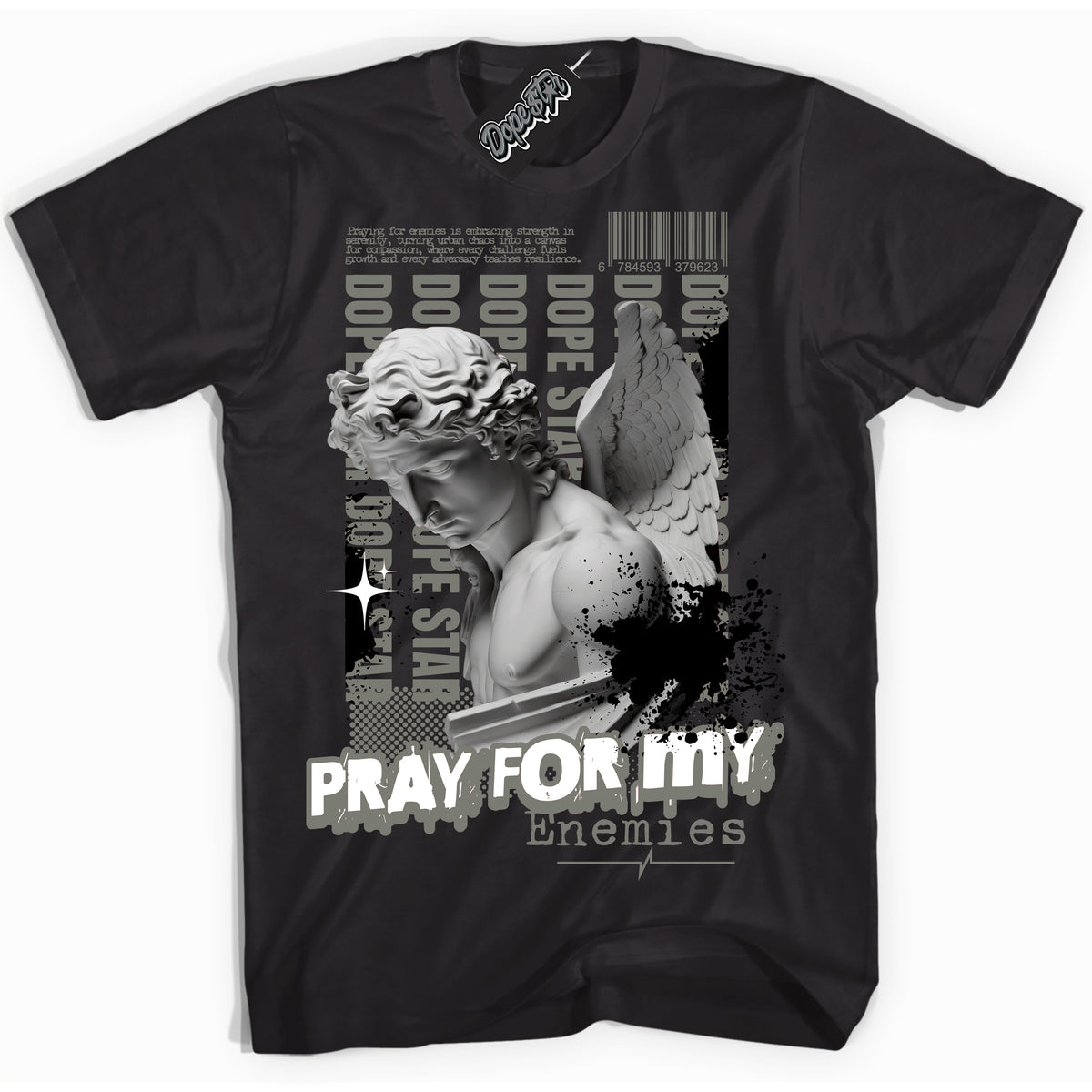Cool Black Shirt with “ Pray Enemies” design that perfectly matches Shadow 1s Sneakers.