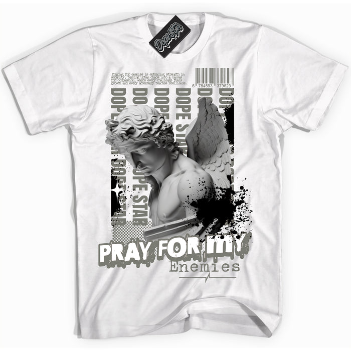 Cool White Shirt with “ Pray Enemies” design that perfectly matches Shadow 1s Sneakers.