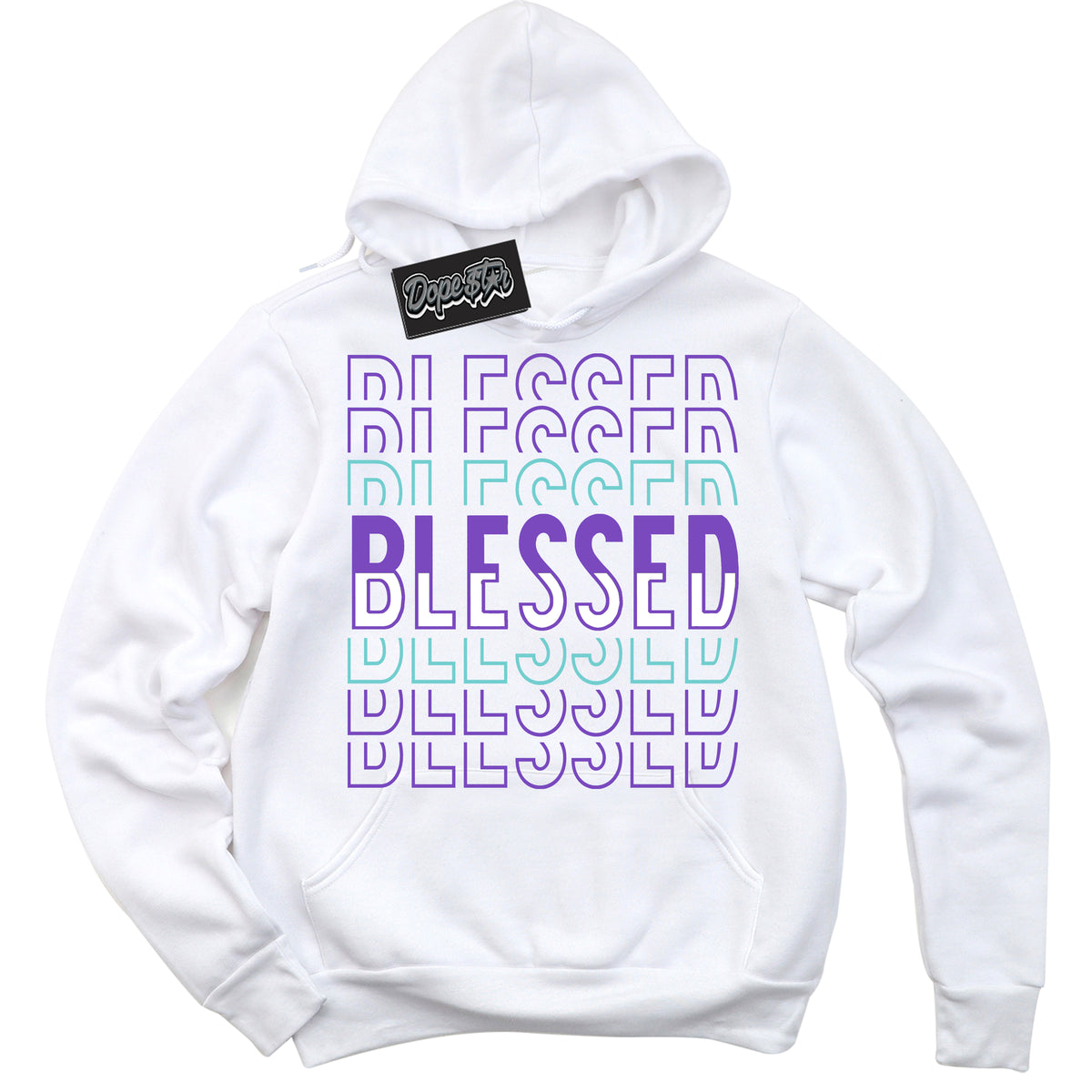 Cool White Hoodie with “Blessed Stacked” design that Perfectly Matches Psychic Purple Hyper Jade 1s Jordans.
