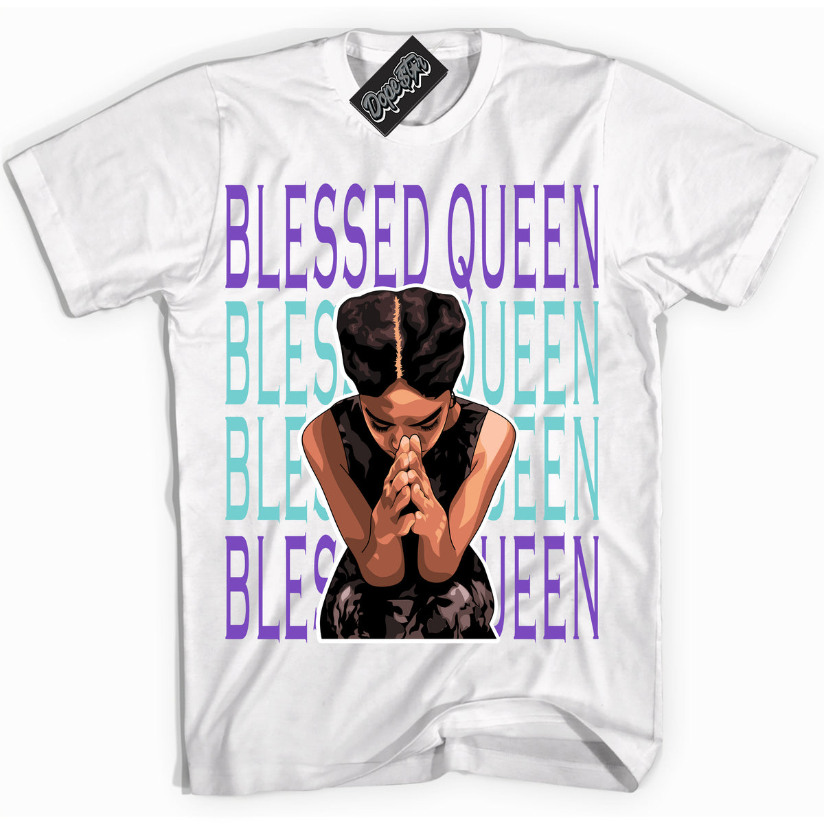 Cool White Shirt with “Blessed Queen” design that perfectly matches the Psychic Purple Hyper Jade 1s Jordans.