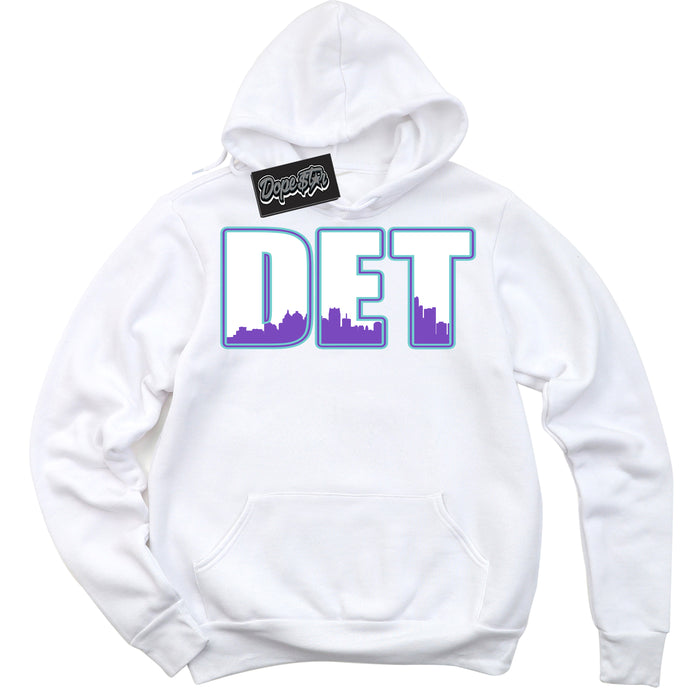 Cool White Hoodie with “Detroit” design that Perfectly Matches Psychic Purple Hyper Jade 1s Jordans.