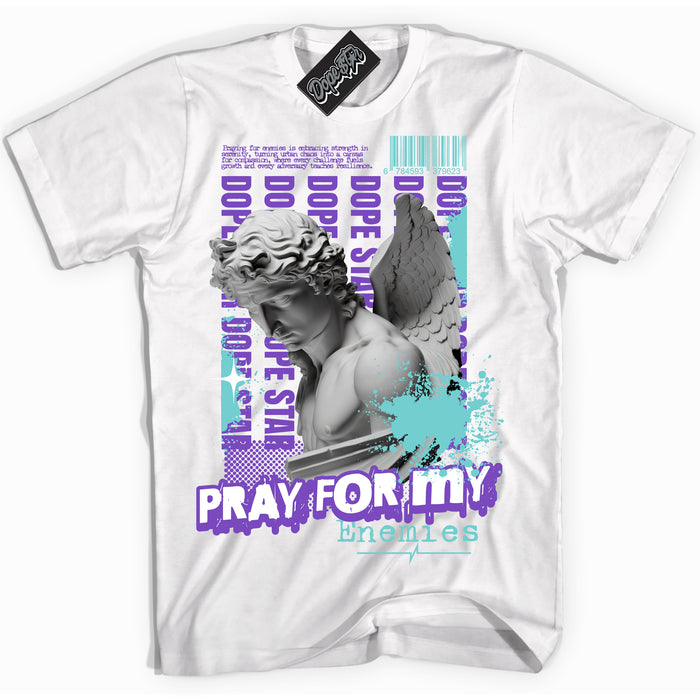 Cool White Shirt with “Pray Enemies” design that perfectly matches the Psychic Purple Hyper Jade 1s Jordans.