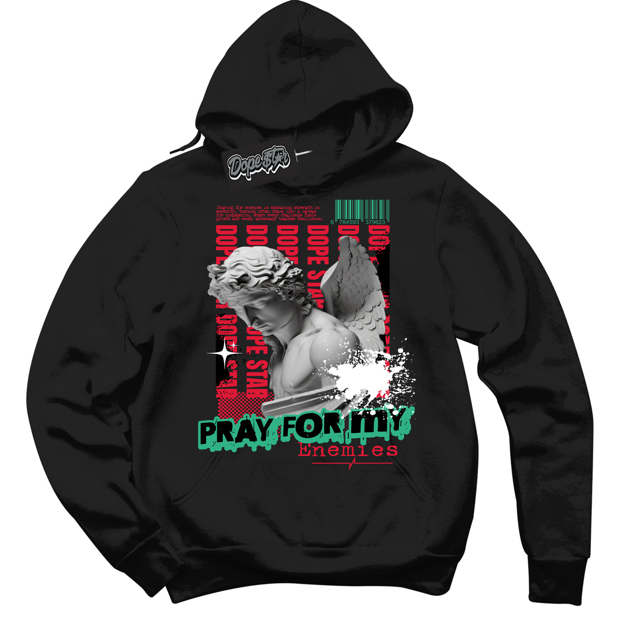 Cool Black Hoodie with “ Pray Enemies ”  design that Perfectly Matches Quai 54 1s Sneakers.