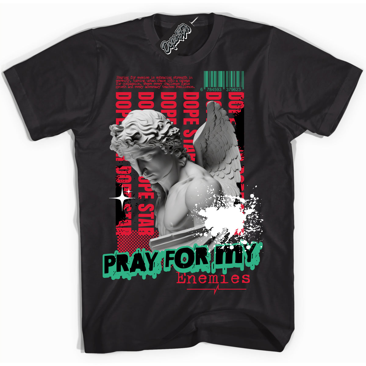 Cool Black Shirt with “ Pray Enemies” design that perfectly matches Quai 54 1s Sneakers.