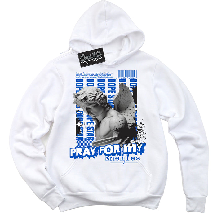 Cool White Hoodie with “ Pray Enemies ”  design that Perfectly Matches Quai 54 1s Sneakers.