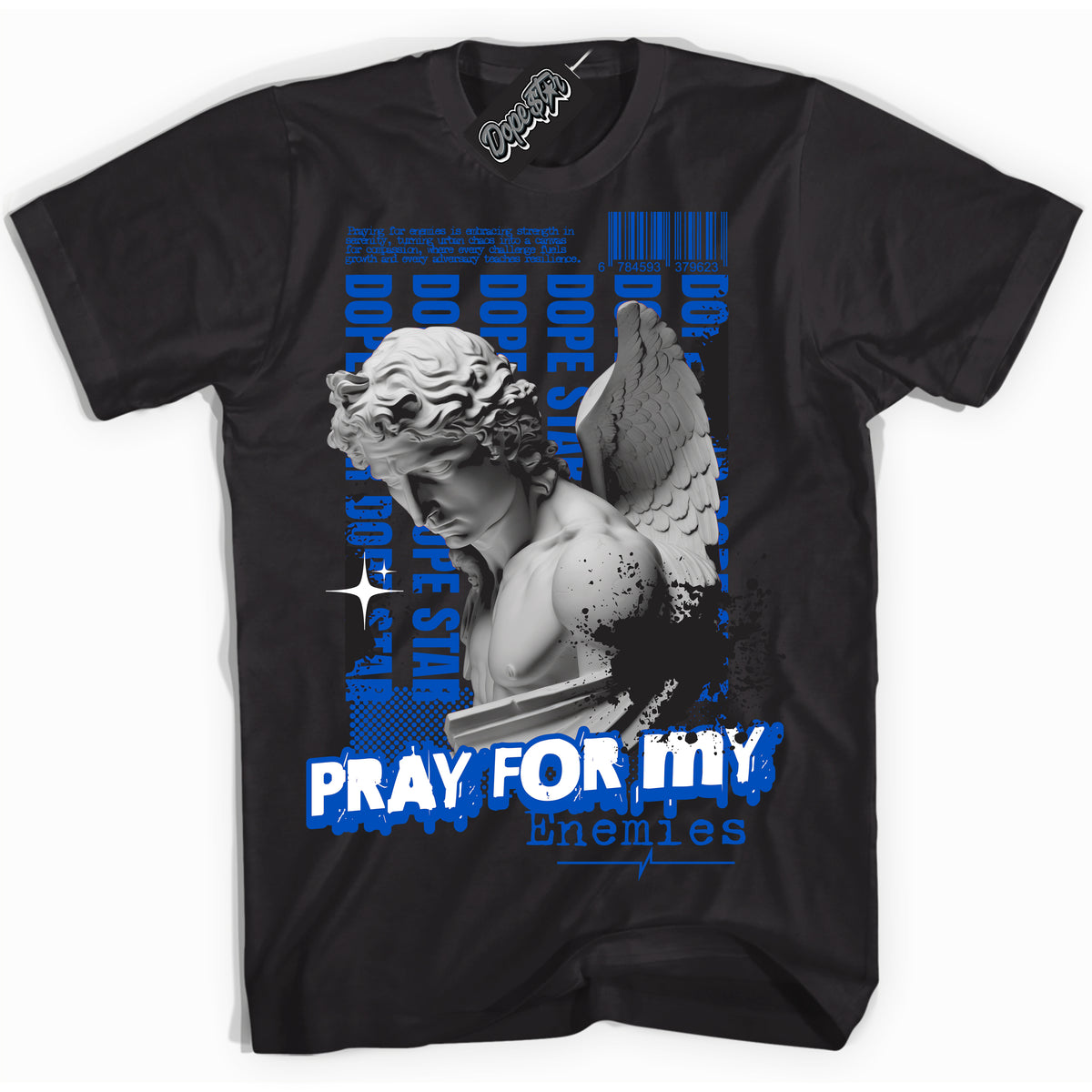 Cool Black Shirt with “ Pray Enemies” design that perfectly matches Quai 54 1s Sneakers.