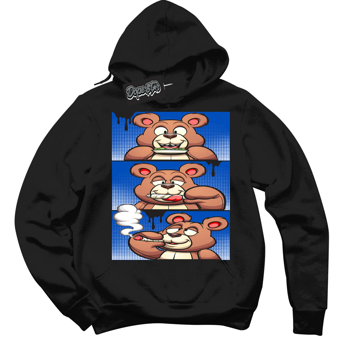Cool Black Hoodie with “ Roll It Lick It Smoke It Bear ”  design that Perfectly Matches Quai 54 1s Sneakers.
