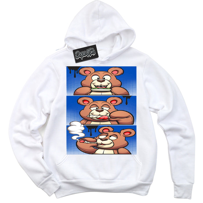Cool White Hoodie with “ Roll It Lick It Smoke It Bear ”  design that Perfectly Matches Quai 54 1s Sneakers.
