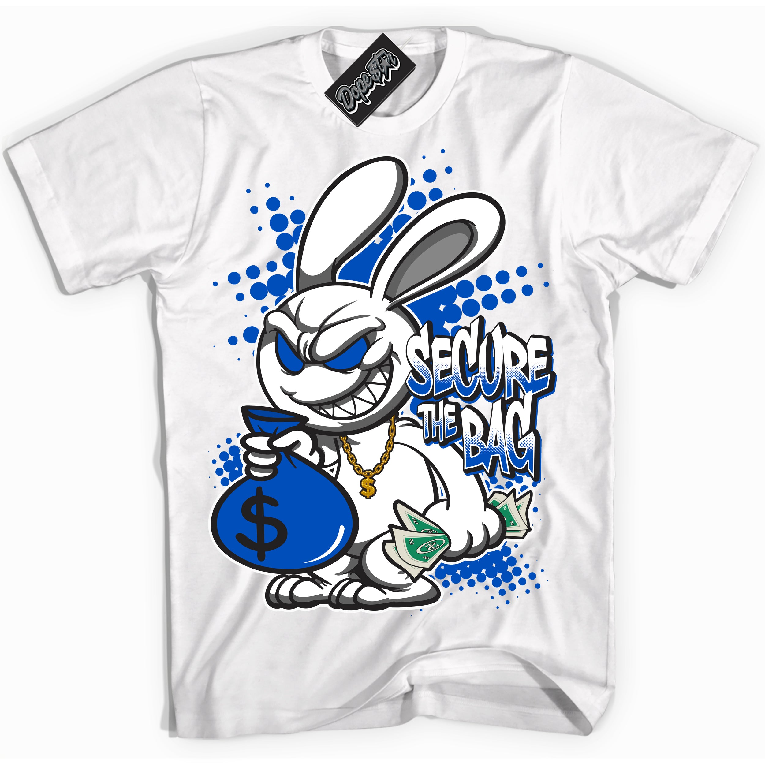 Cool White Shirt with “ Secure The Bag” design that perfectly matches Quai 54 1s Sneakers.