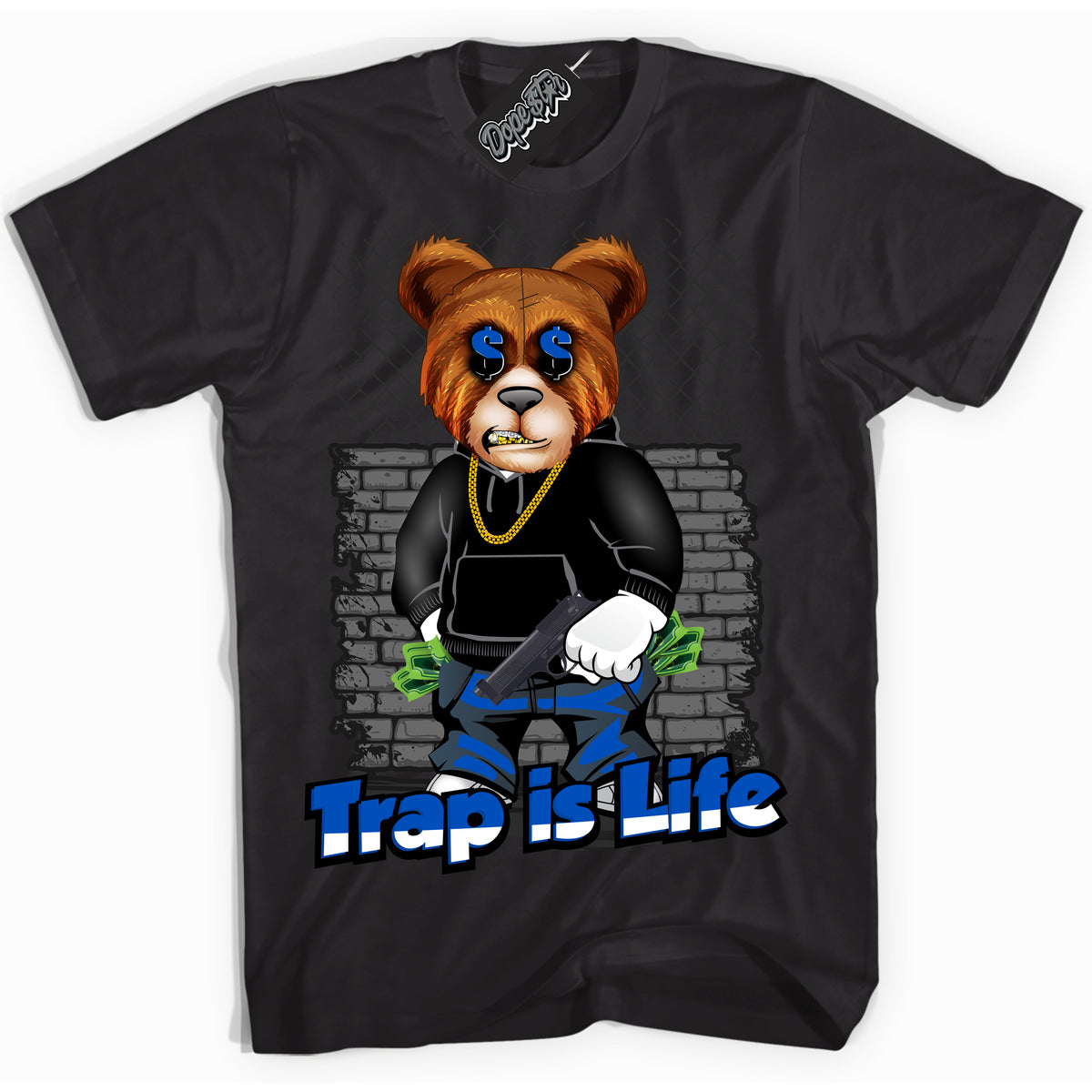Cool Black Shirt with “ Trap Is Life” design that perfectly matches Quai 54 1s Sneakers.