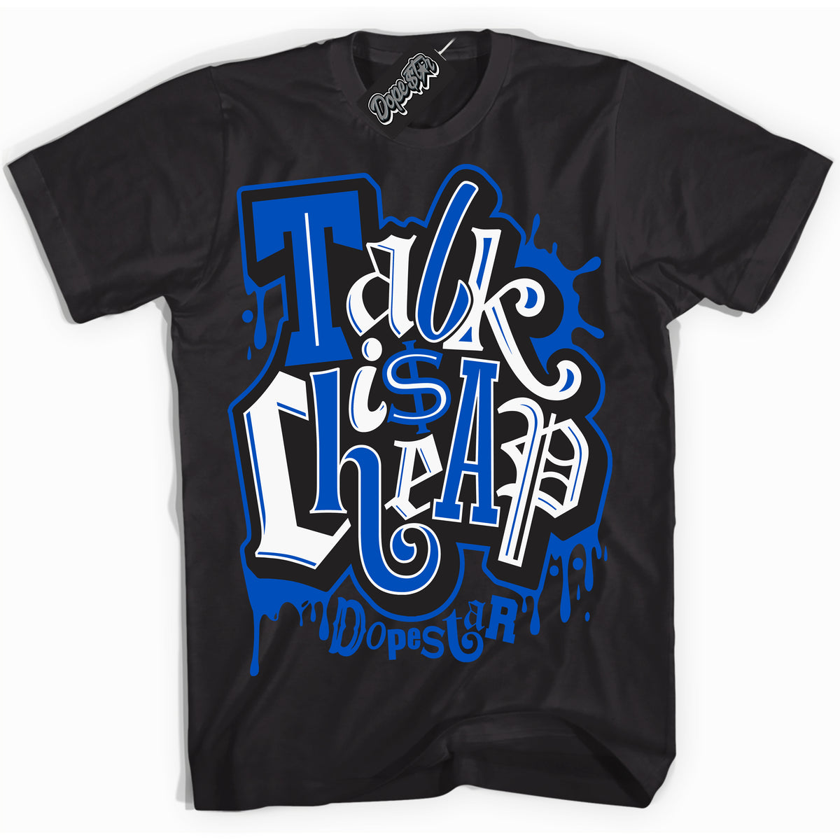 Cool Black Shirt with “ Talk Is Cheap” design that perfectly matches Quai 54 1s Sneakers.