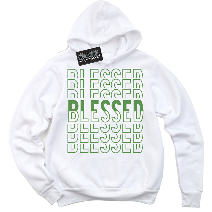 Cool White Hoodie with “ Blessed Stacked ”  design that Perfectly Matches Chlorophyll 1s Jordans.
