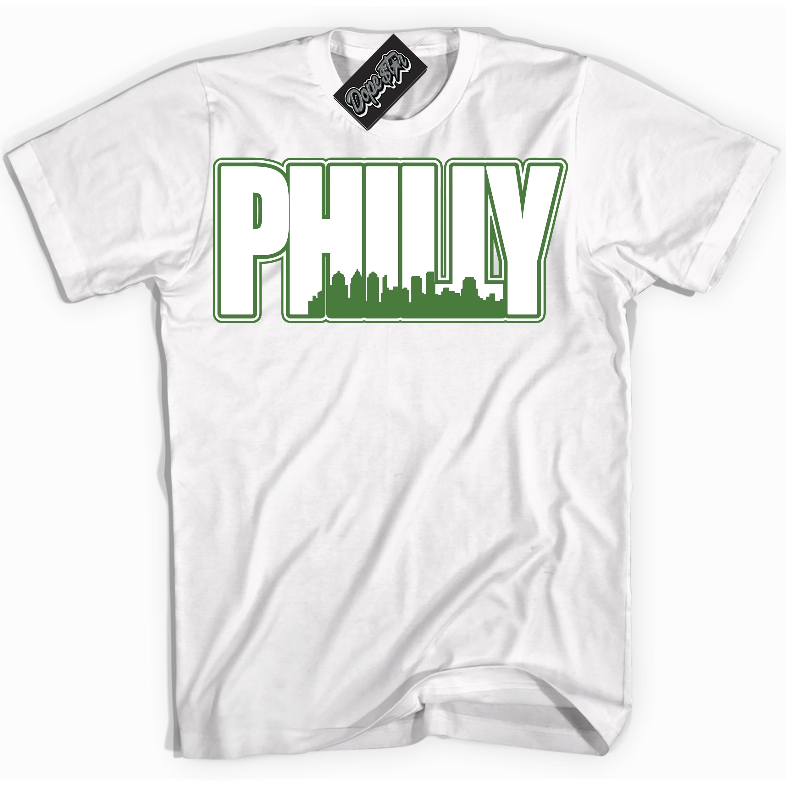 Cool White Shirt with “ Philly ” design that perfectly matches Chlorophyll 1s Jordans.
