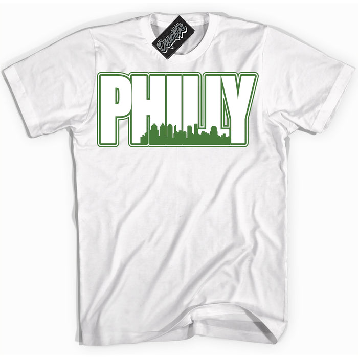 Cool White Shirt with “ Philly ” design that perfectly matches Chlorophyll 1s Jordans.
